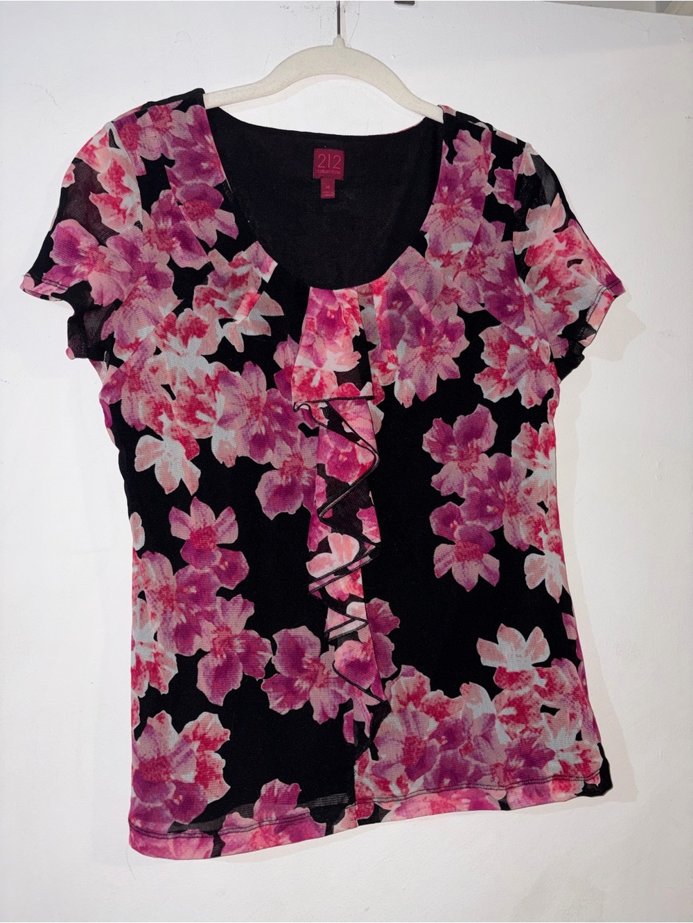 212 Collection Black Top with Pink Floral Print and Center Ruffle